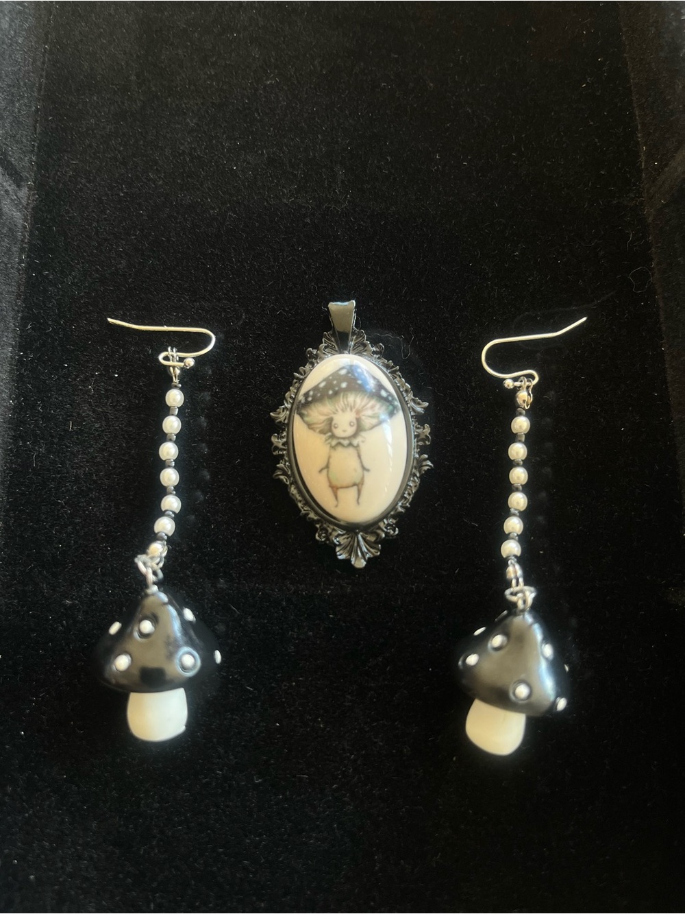 Whimsical Mushroom Drop Earrings & Illustrated Mushroom Cameo Pendant